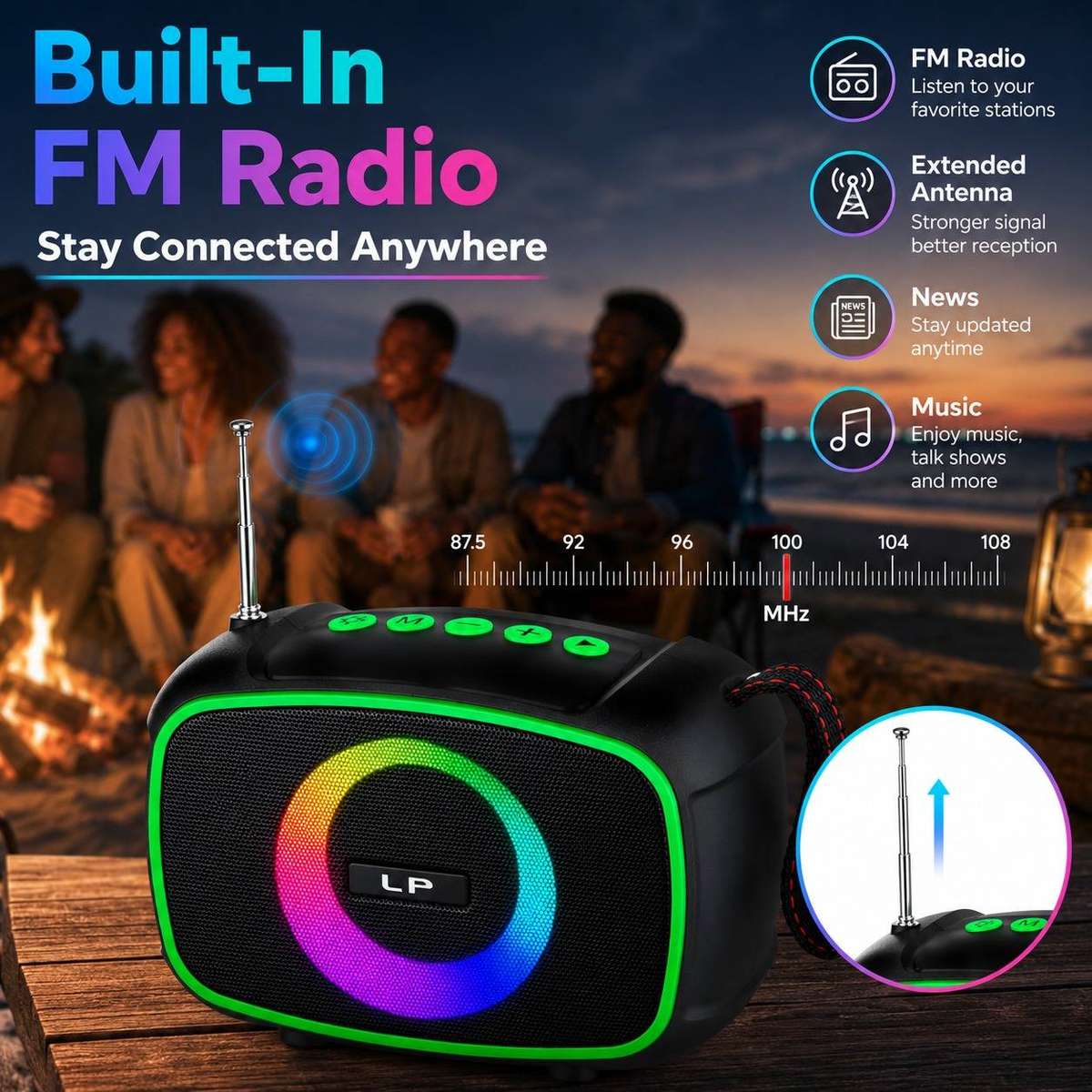 Portable Bluetooth Speaker with FM Radio Solar Panel RGB LED Light USB TF Card TWS 8W Sound Speaker