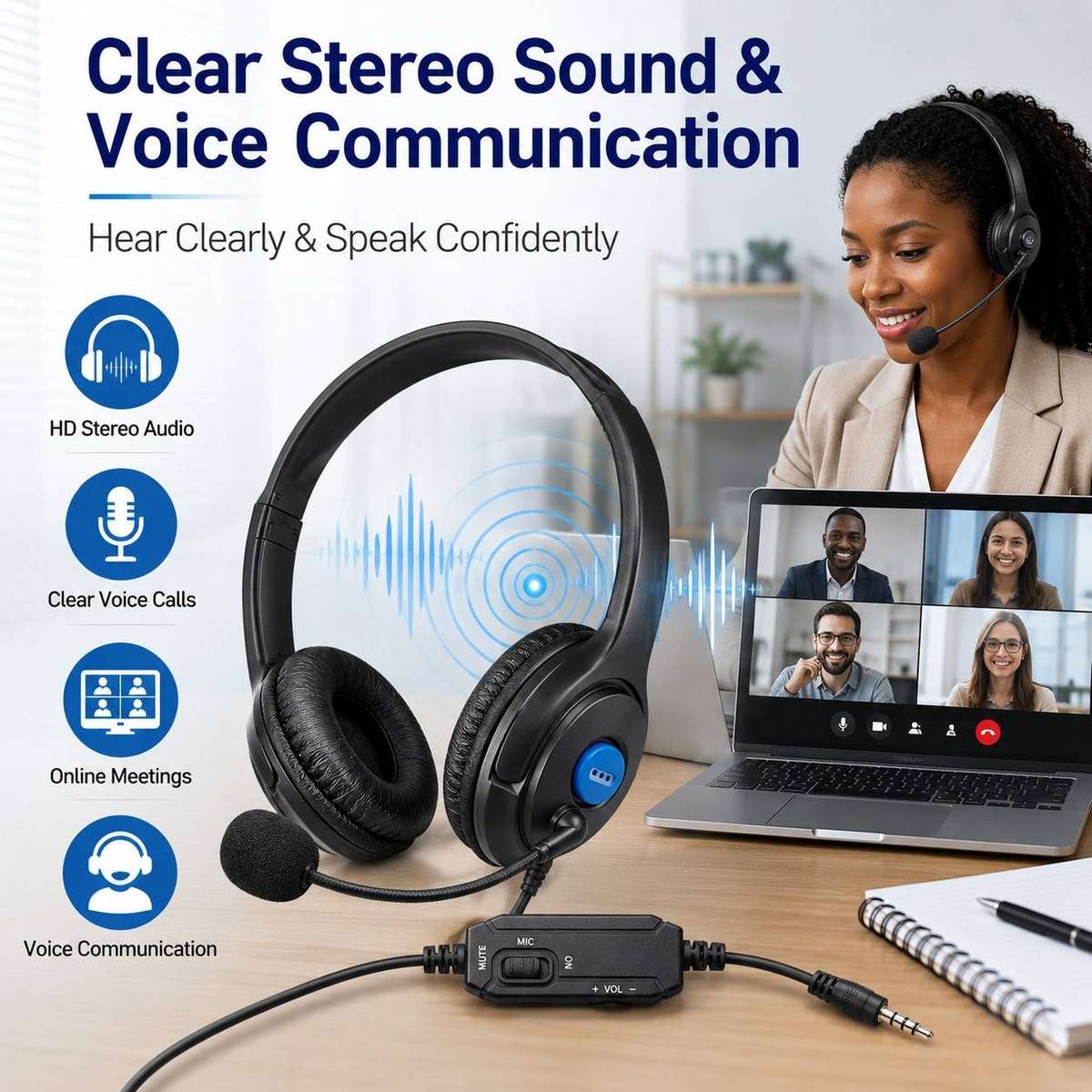 Wired Office Headset with Microphone and Volume Control 3.5mm Stereo Headphones for PC Laptop