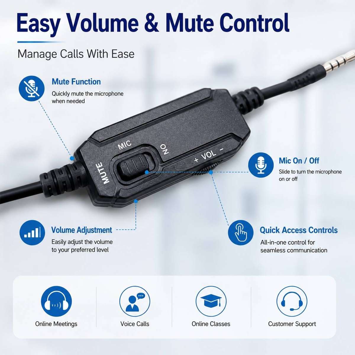 Wired Office Headset with Microphone and Volume Control 3.5mm Stereo Headphones for PC Laptop