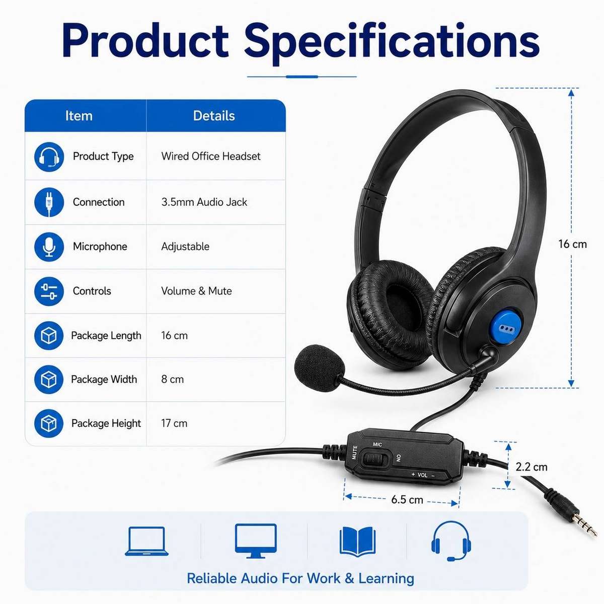 Wired Office Headset with Microphone and Volume Control 3.5mm Stereo Headphones for PC Laptop