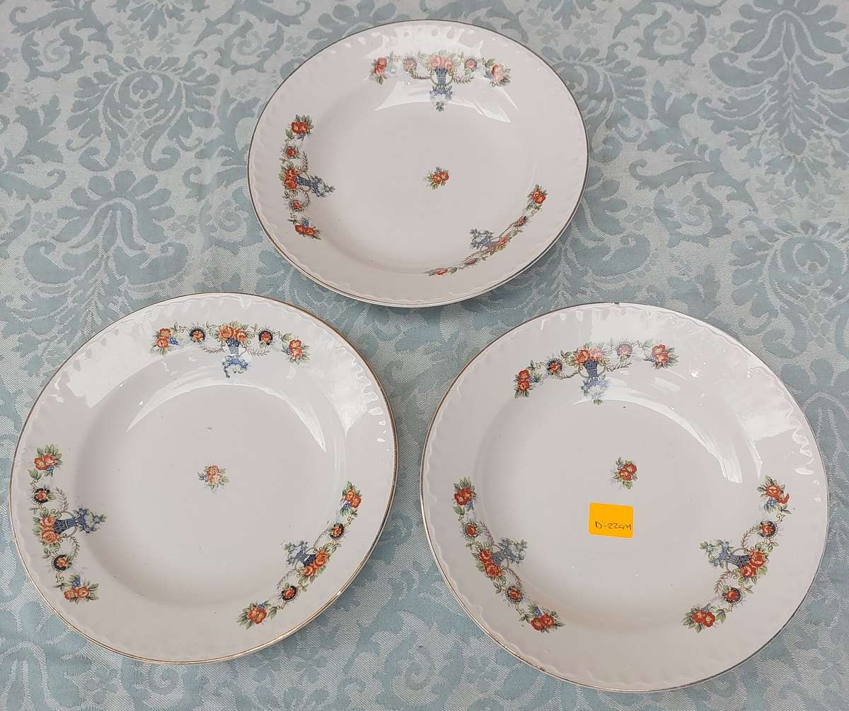 A VINTAGE SET OF 3 PORCELAIN DINNER PLATES WITH A FLORAL DESIGN AND SILVER TRIM