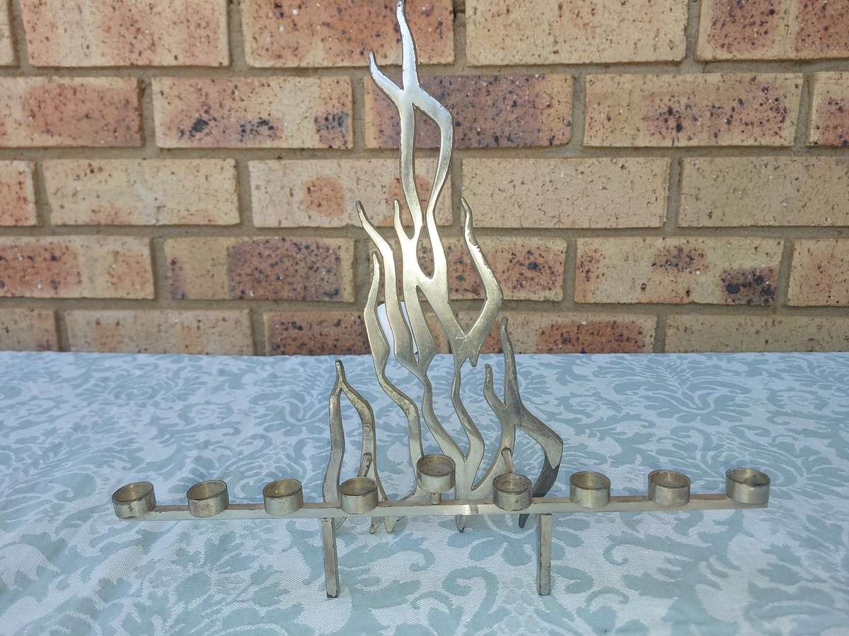 Mid-Century Modern Israeli Brutalist Stylized Flame Silver Plate Menorah sold as is