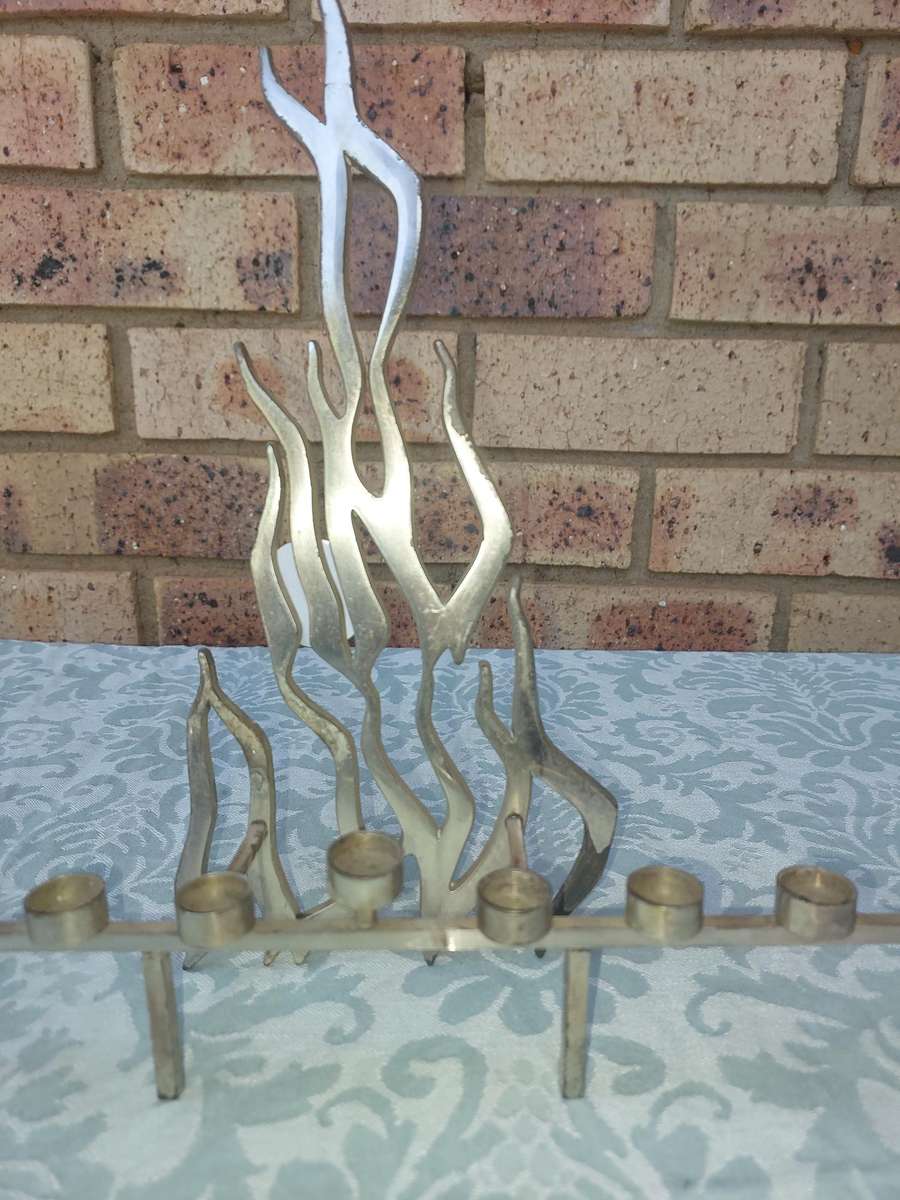 Mid-Century Modern Israeli Brutalist Stylized Flame Silver Plate Menorah sold as is