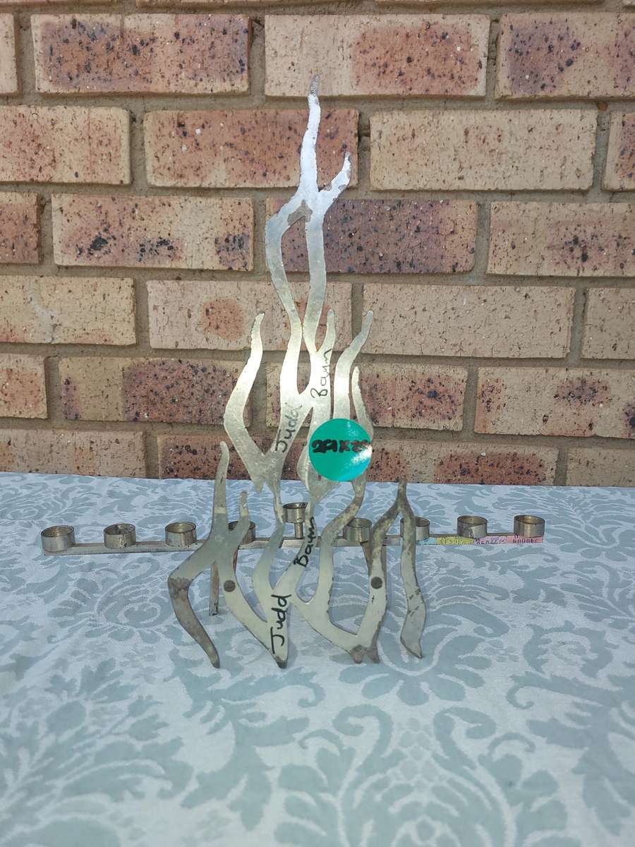 Mid-Century Modern Israeli Brutalist Stylized Flame Silver Plate Menorah sold as is