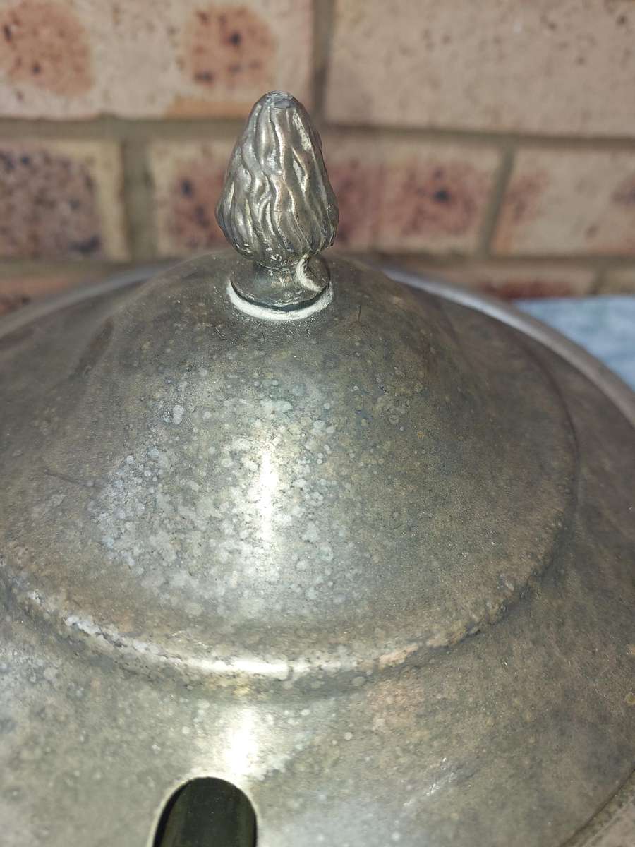 AN ANTIQUE SILVER PLATED TUREEN WITH A LADLE SOLD AS IS