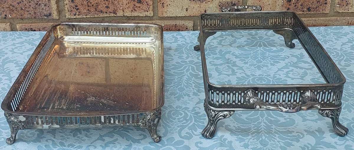 A collection of Ornate Silver Serving Trays with  Lid  Elegant Footed Design sold as is