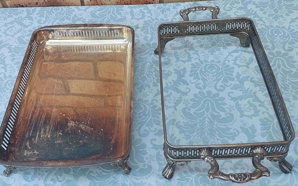 A collection of Ornate Silver Serving Trays with  Lid  Elegant Footed Design sold as is