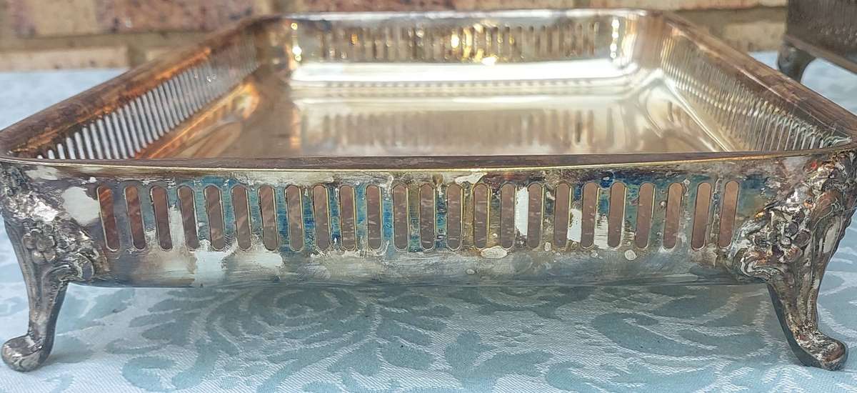 A collection of Ornate Silver Serving Trays with  Lid  Elegant Footed Design sold as is