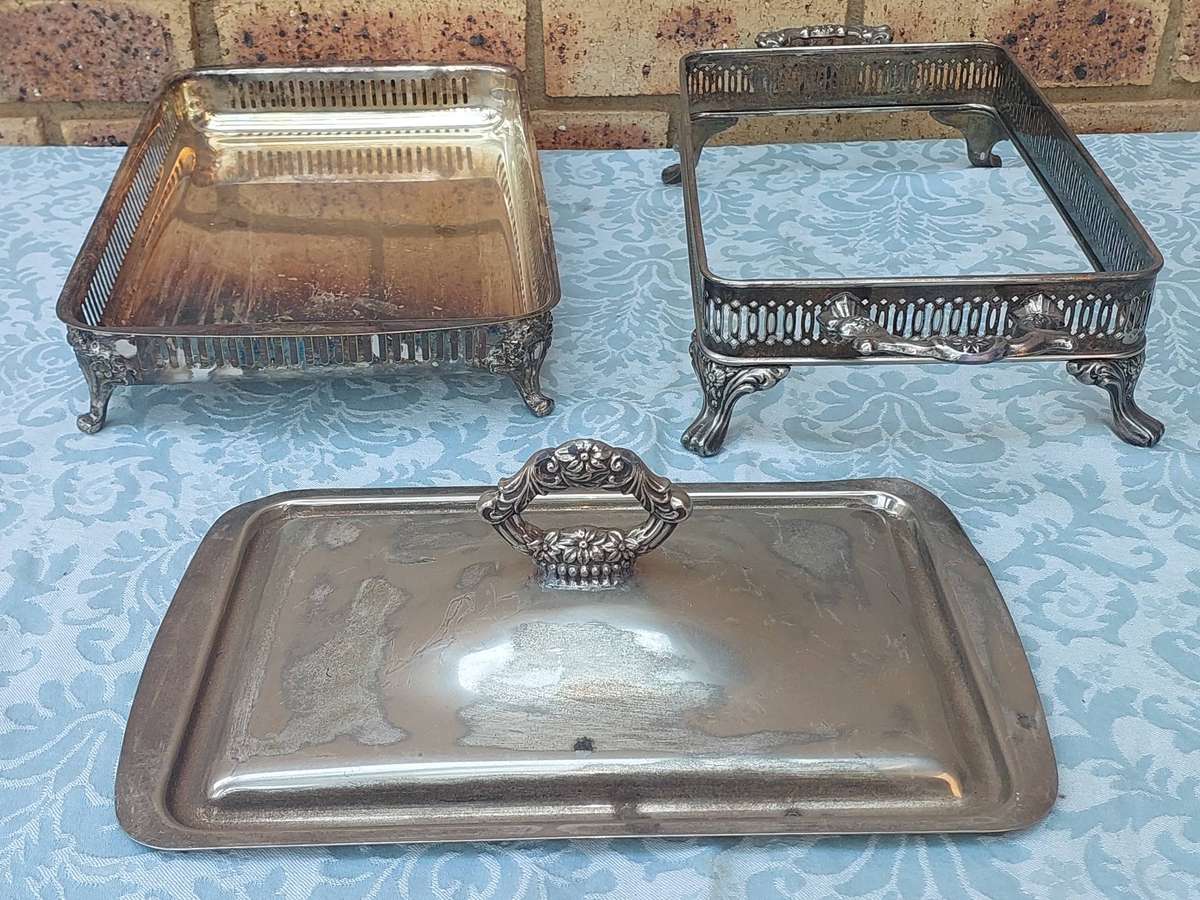 A collection of Ornate Silver Serving Trays with  Lid  Elegant Footed Design sold as is