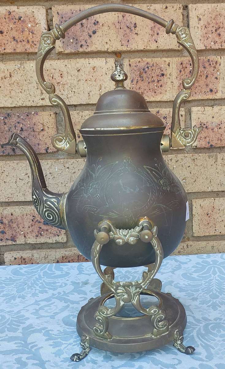 Antique Ornate Metal Teapot with Stand  Intricate Floral Engraving made in India sold as is