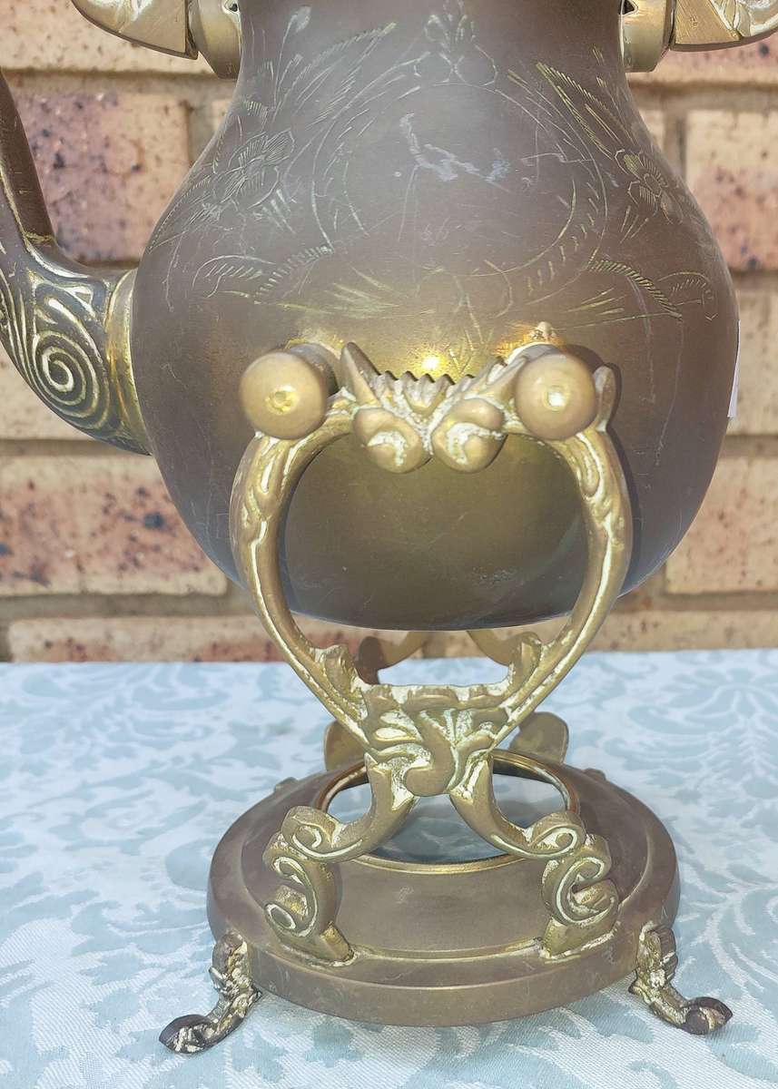 Antique Ornate Metal Teapot with Stand  Intricate Floral Engraving made in India sold as is