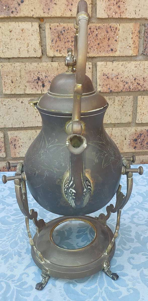 Antique Ornate Metal Teapot with Stand  Intricate Floral Engraving made in India sold as is