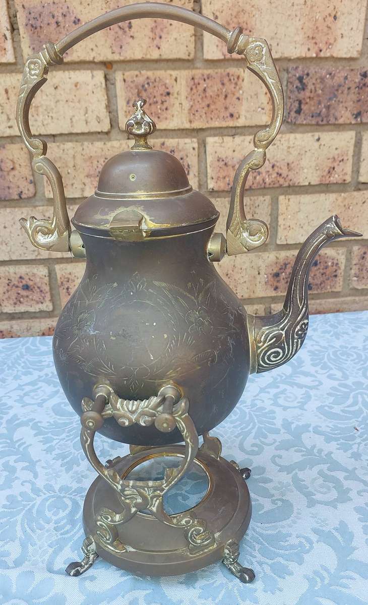 Antique Ornate Metal Teapot with Stand  Intricate Floral Engraving made in India sold as is