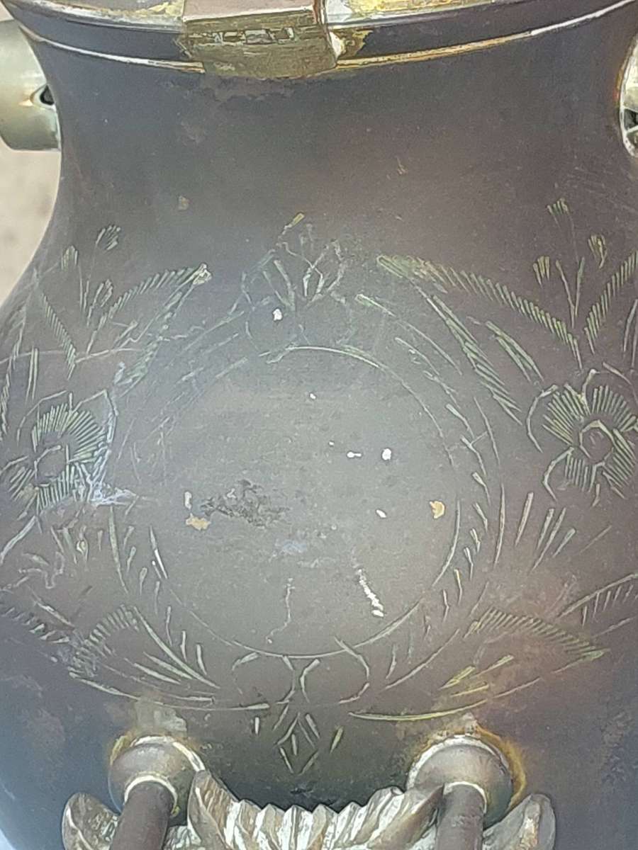 Antique Ornate Metal Teapot with Stand  Intricate Floral Engraving made in India sold as is