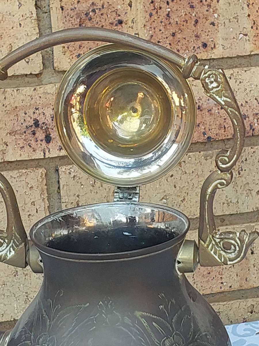 Antique Ornate Metal Teapot with Stand  Intricate Floral Engraving made in India sold as is