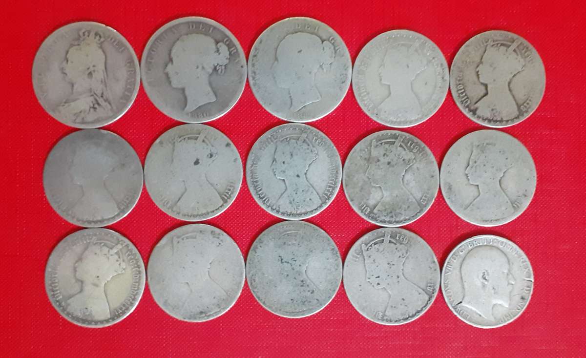 Collection of worn british florins and 1 x two shilling coins,  .925  sterling silver  5 ounces.