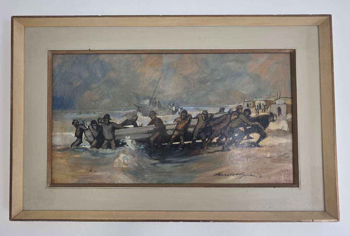 Fisherman 1970 Oil on board Painting signed