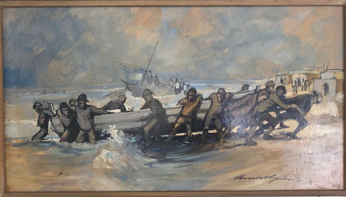 Fisherman 1970 Oil on board Painting signed