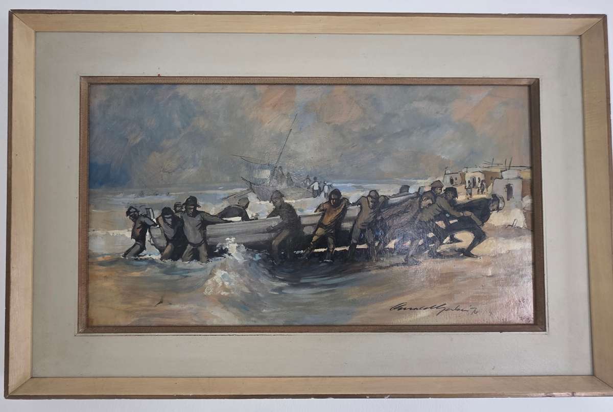 Fisherman 1970 Oil on board Painting signed