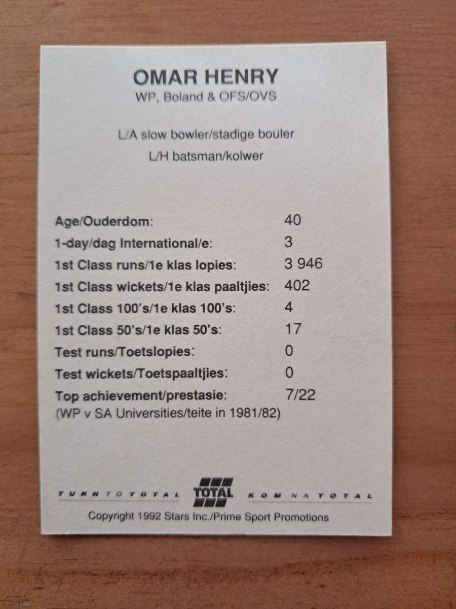 1992 Total Trading Card: South Africa v India - Omar Henry