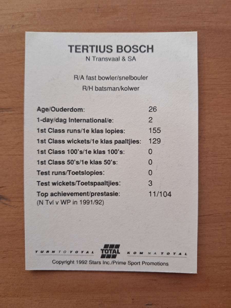 1992 Total Trading Card: South Africa v India - Tertius Bosch