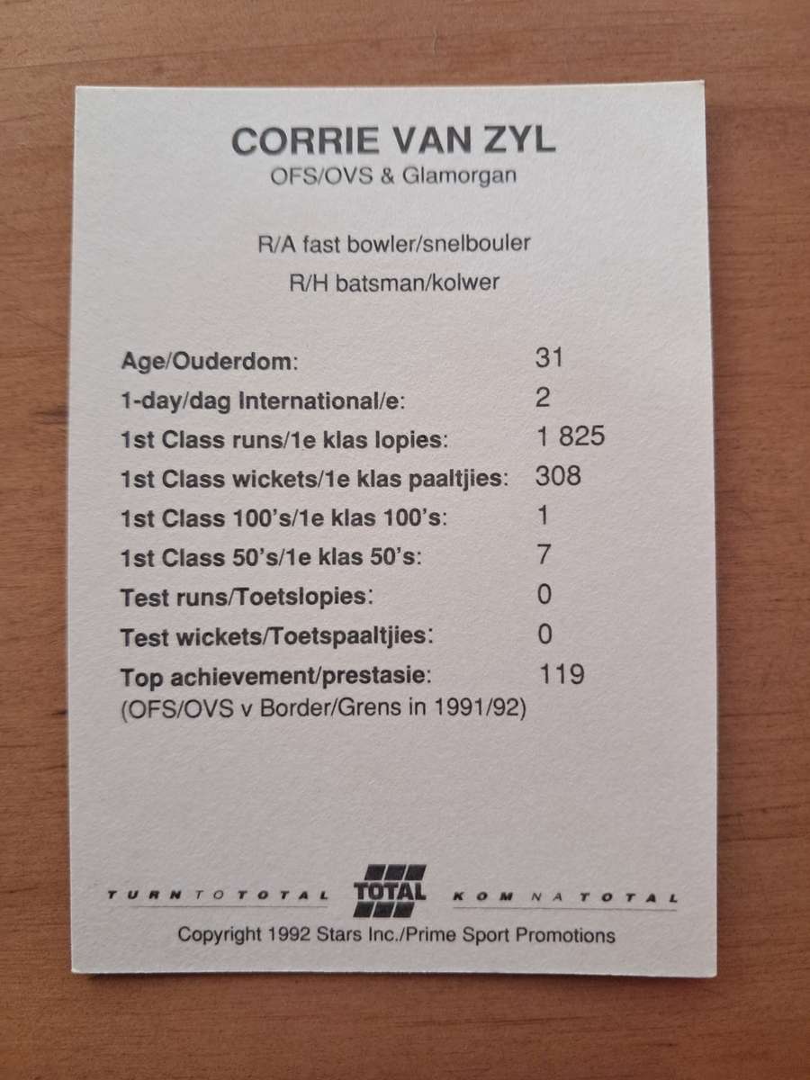 1992 Total Trading Card: South Africa v India - Corrie van Zyl