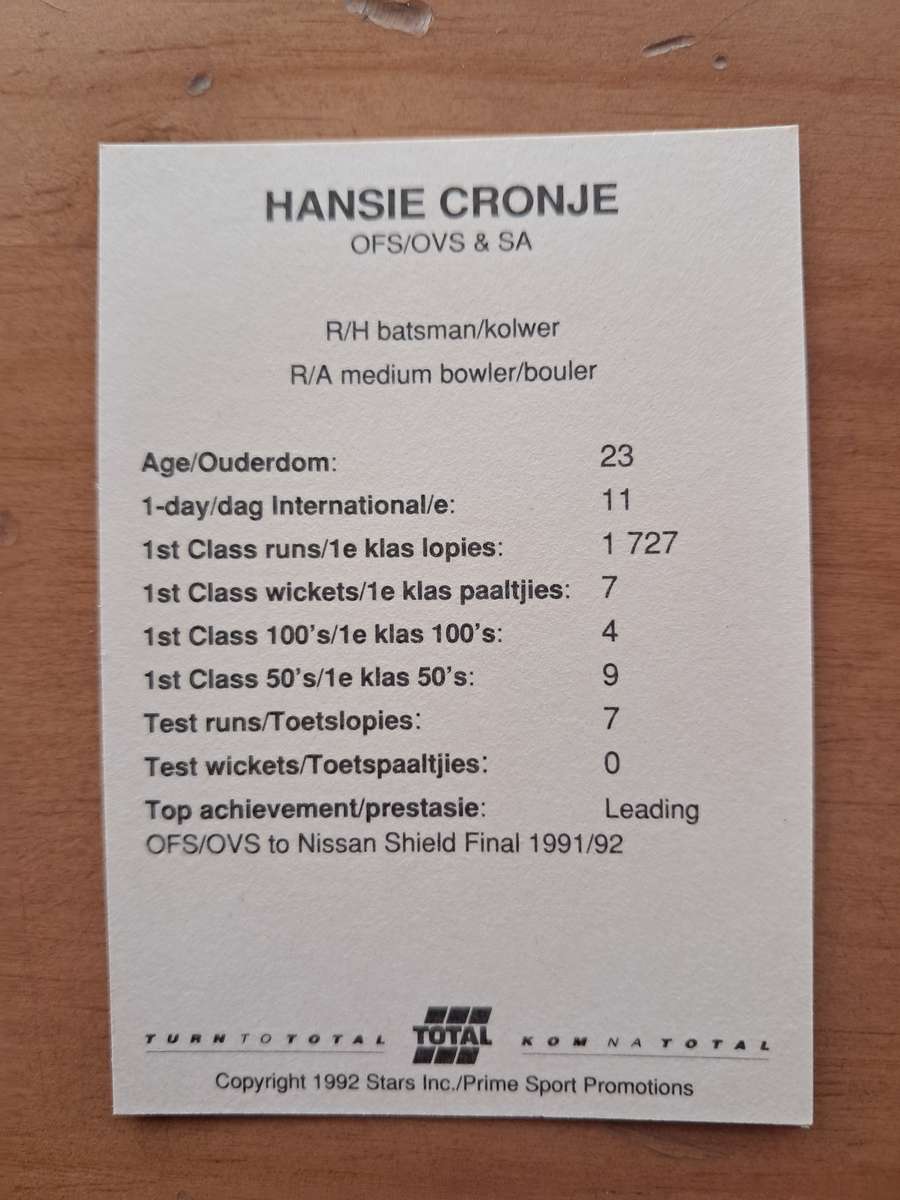 1992 Total Trading Card: South Africa v India - Hansie Cronje
