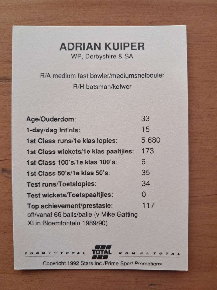 1992 Total Trading Card: South Africa v India - Adrian Kuiper