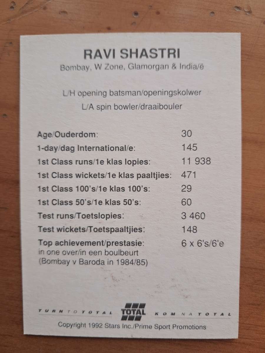 1992 Total Trading Card: South Africa v India - Ravi Shastri