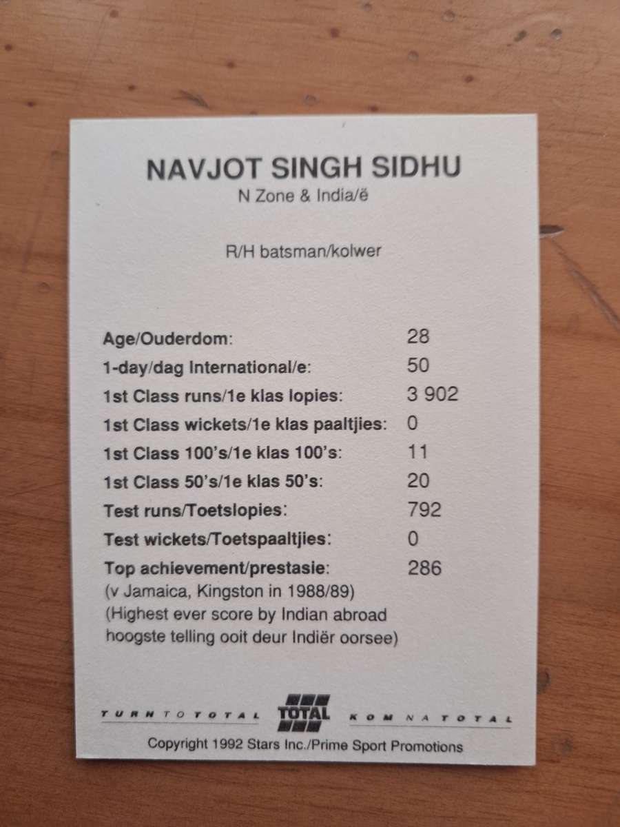 1992 Total Trading Card: South Africa v India - Navjot Singh Sidhu