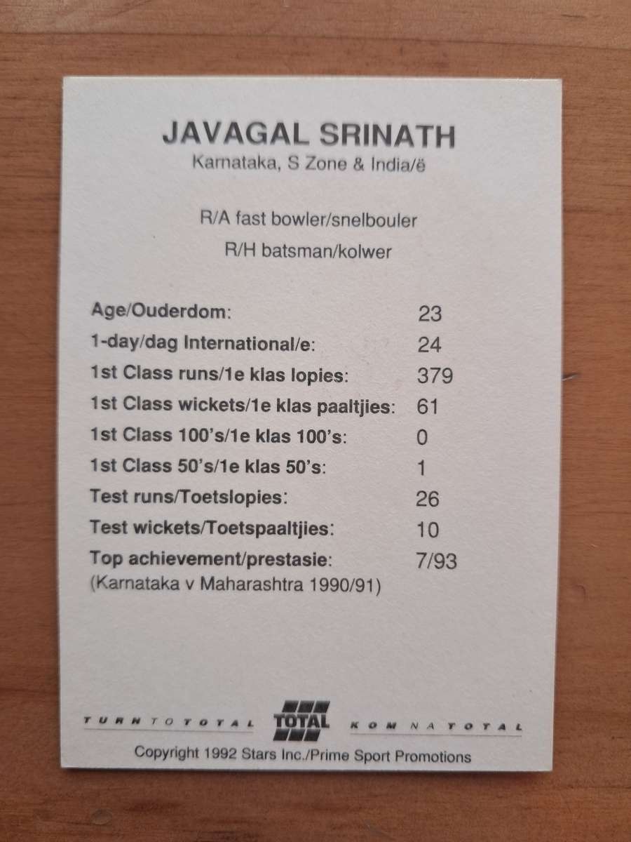 1992 Total Trading Card: South Africa v India - Javagal Srinath