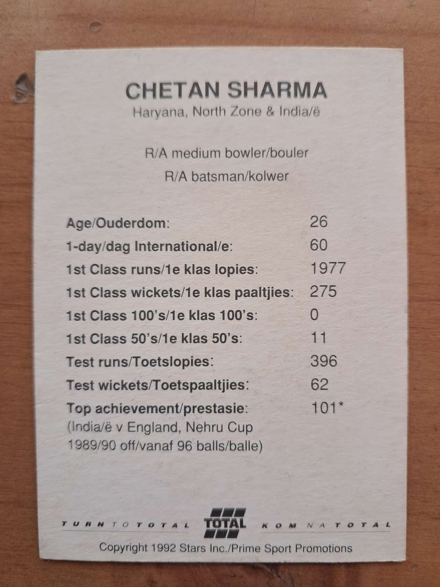 1992 Total Trading Card: South Africa v India - Chetan Sharma