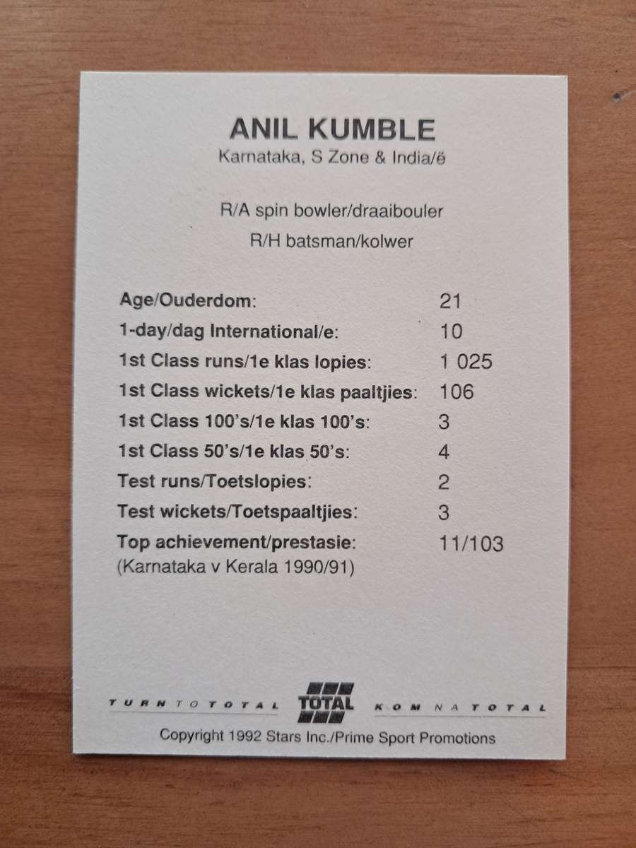 1992 Total Trading Card: South Africa v India - Anil Kumble