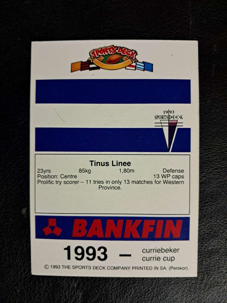 Sports Deck 1993 Currie Cup Collectors Cards: No 21 - Tinus Linee (Western Province)