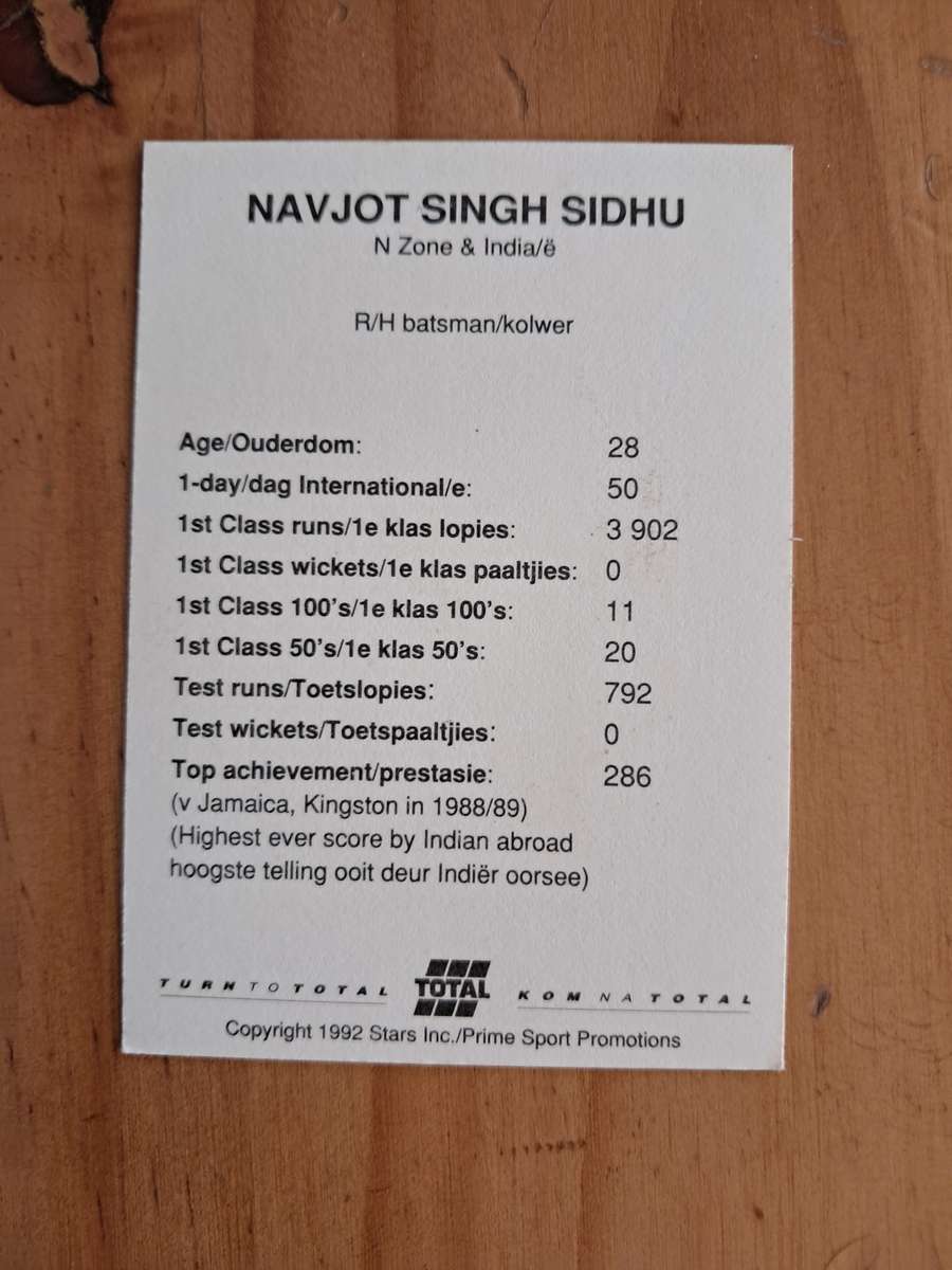 1992 Total Trading Card: South Africa v India - Navjot Singh Sidhu