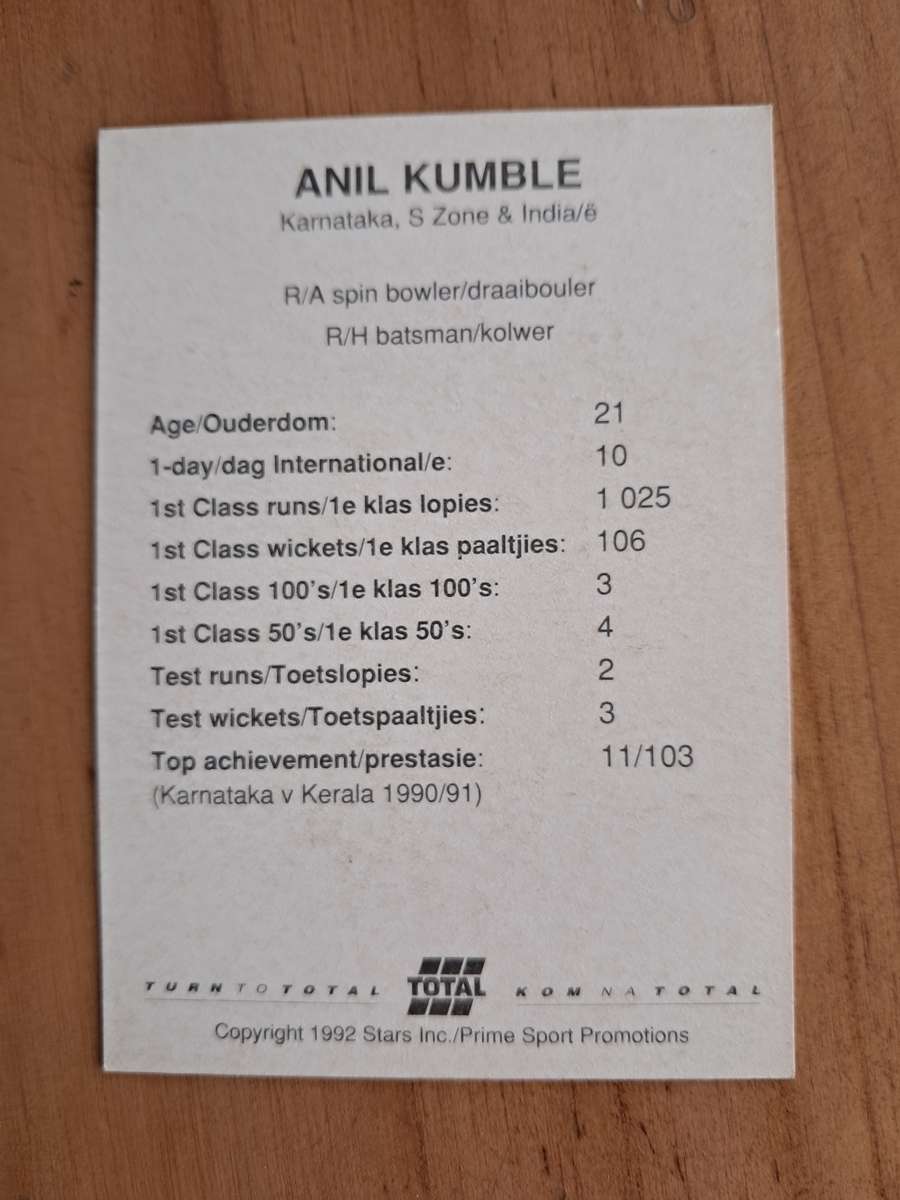 1992 Total Trading Card: South Africa v India - Anil Kumble