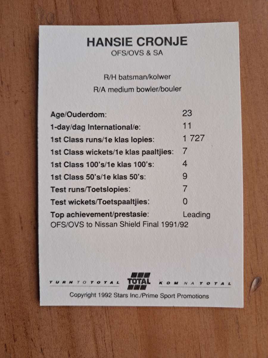 1992 Total Trading Card: South Africa v India - Hansie Cronje