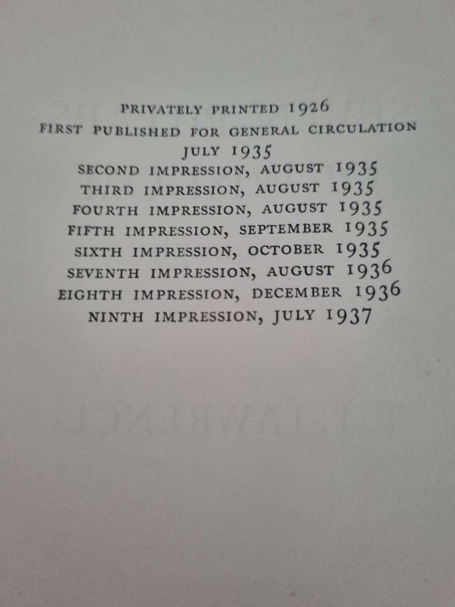 SEVEN PILLARS OF WISDOM A TRIUMPH  T E LAWRENCE Ninth impression 1937