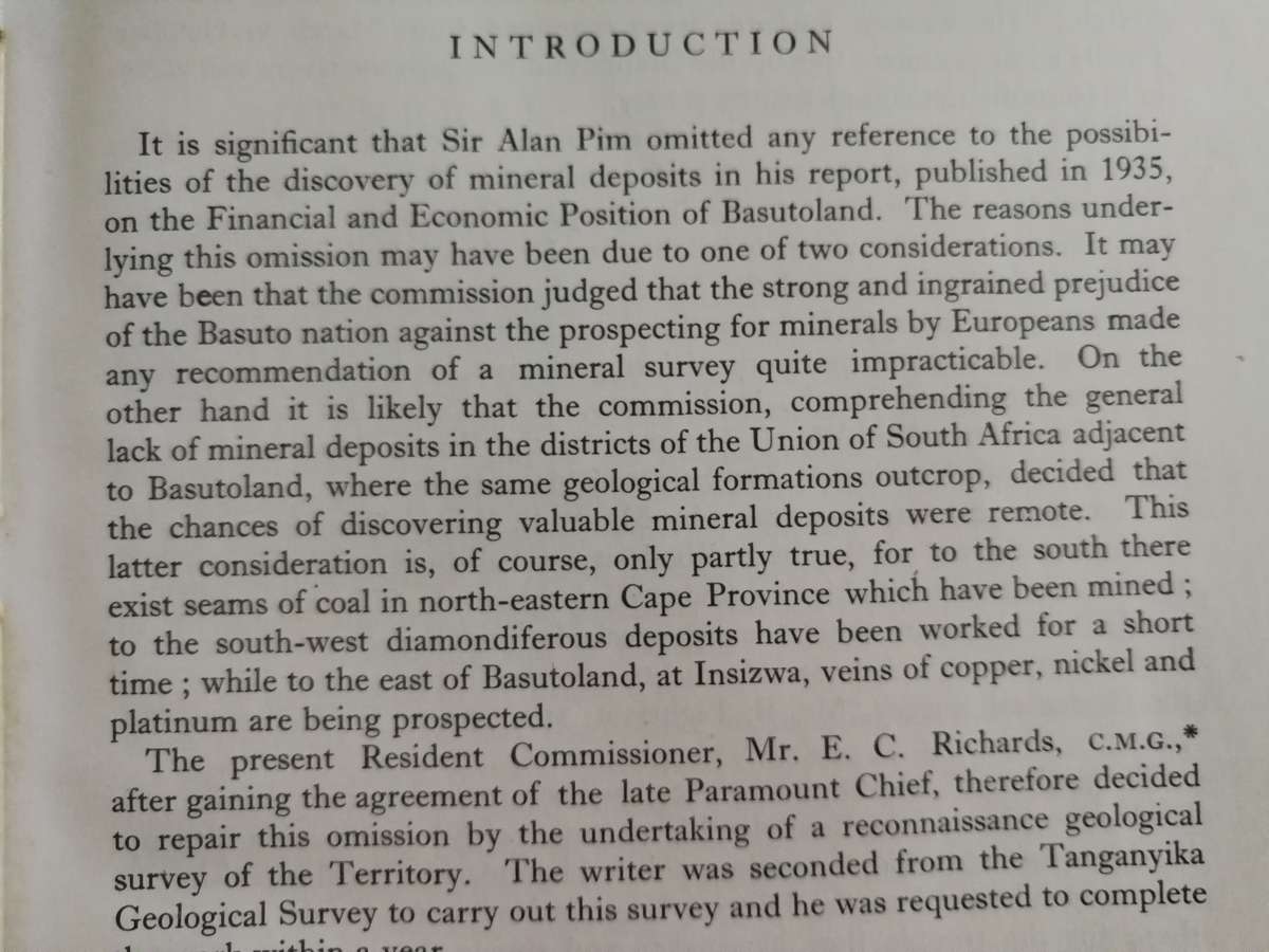 REPORT on the GEOLOGY OF BASUTOLAND by G M STOCKLEY 1947 now known as Lesotho