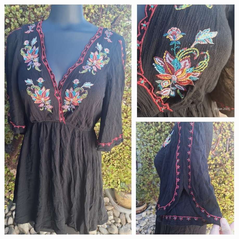 FOREVER 21 Boho Black Embroidered Mini Dress -M
