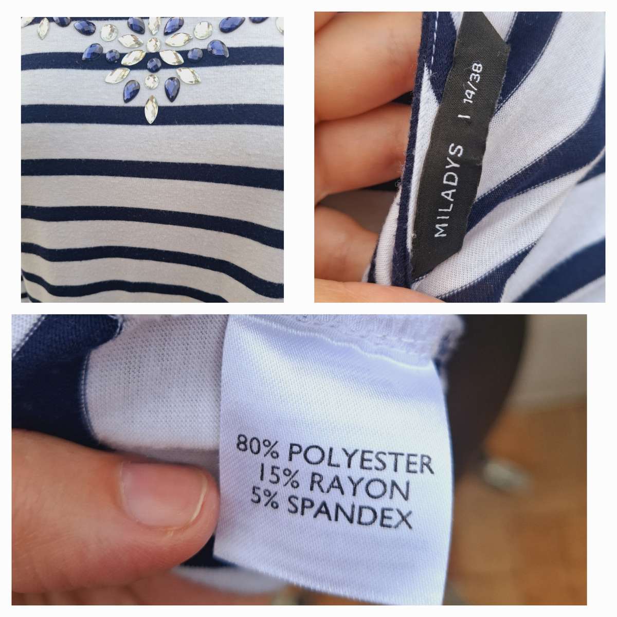 Miladys 3/4 white and navy stripe top with flower rhinestone detail - Size 38/14