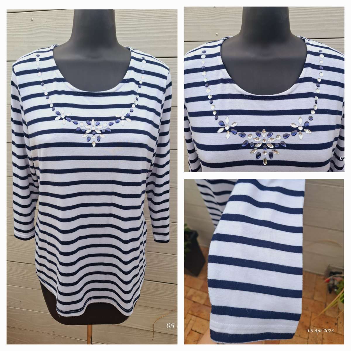 Miladys 3/4 white and navy stripe top with flower rhinestone detail - Size 38/14