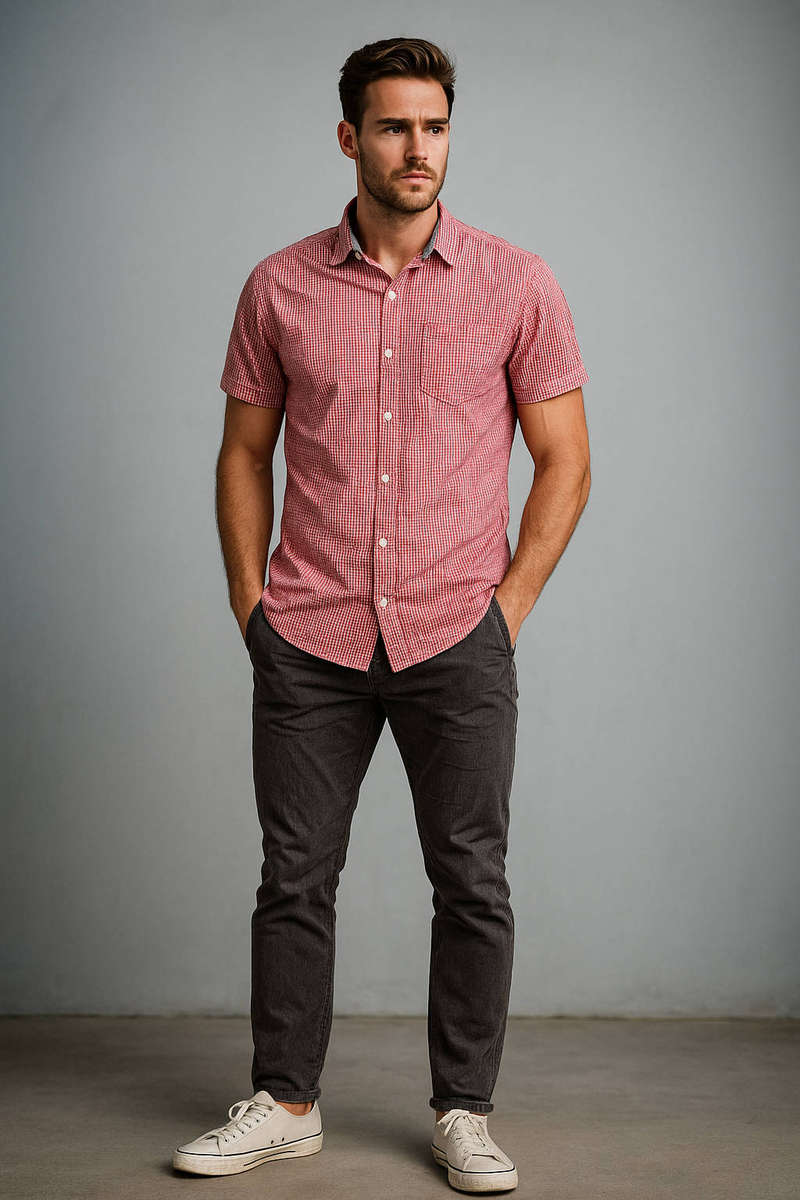 Mens Oakridge white and red checkered short sleeve button shirt - XL