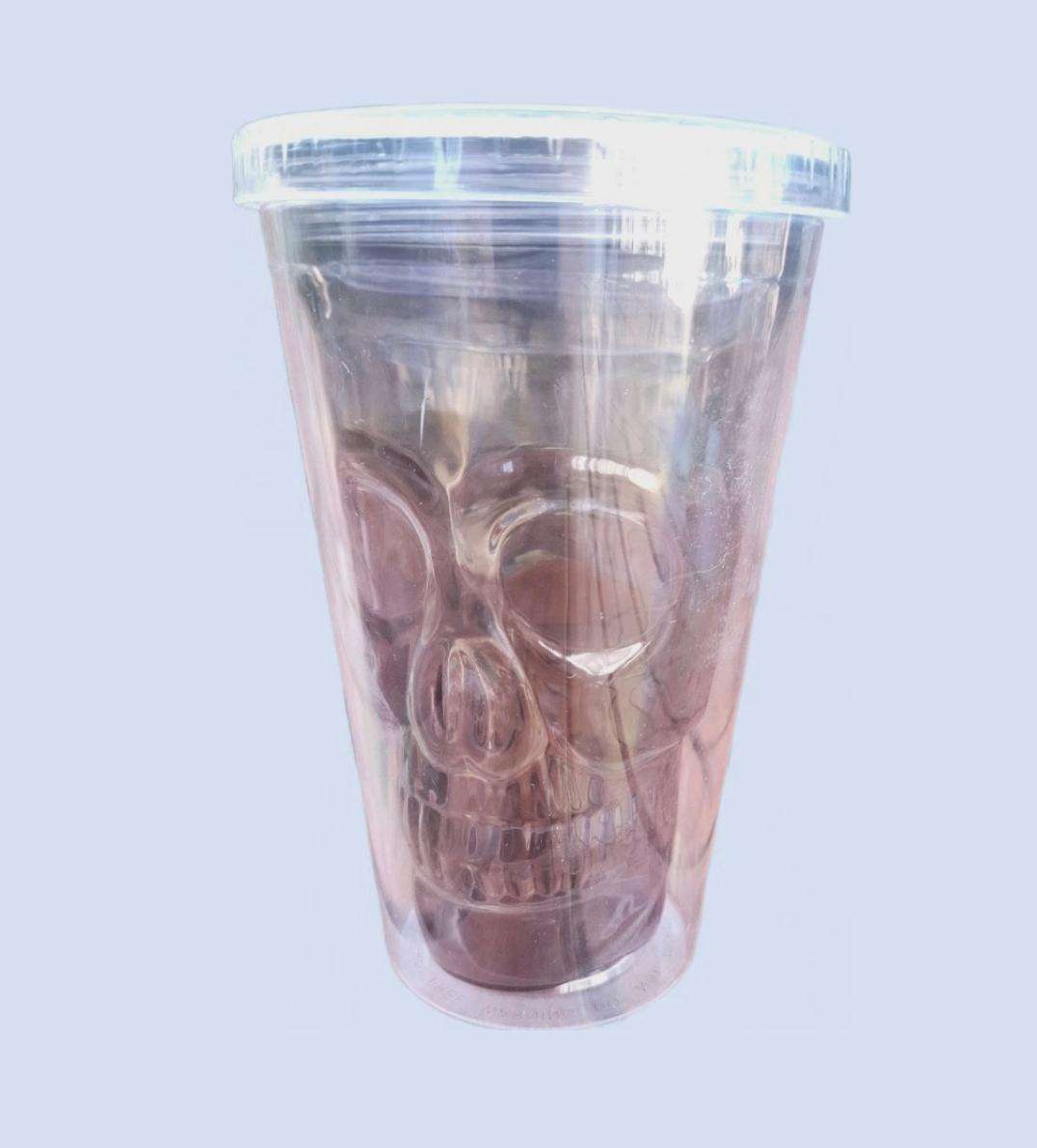 Skull drink glass with twist lid and 2 x straws