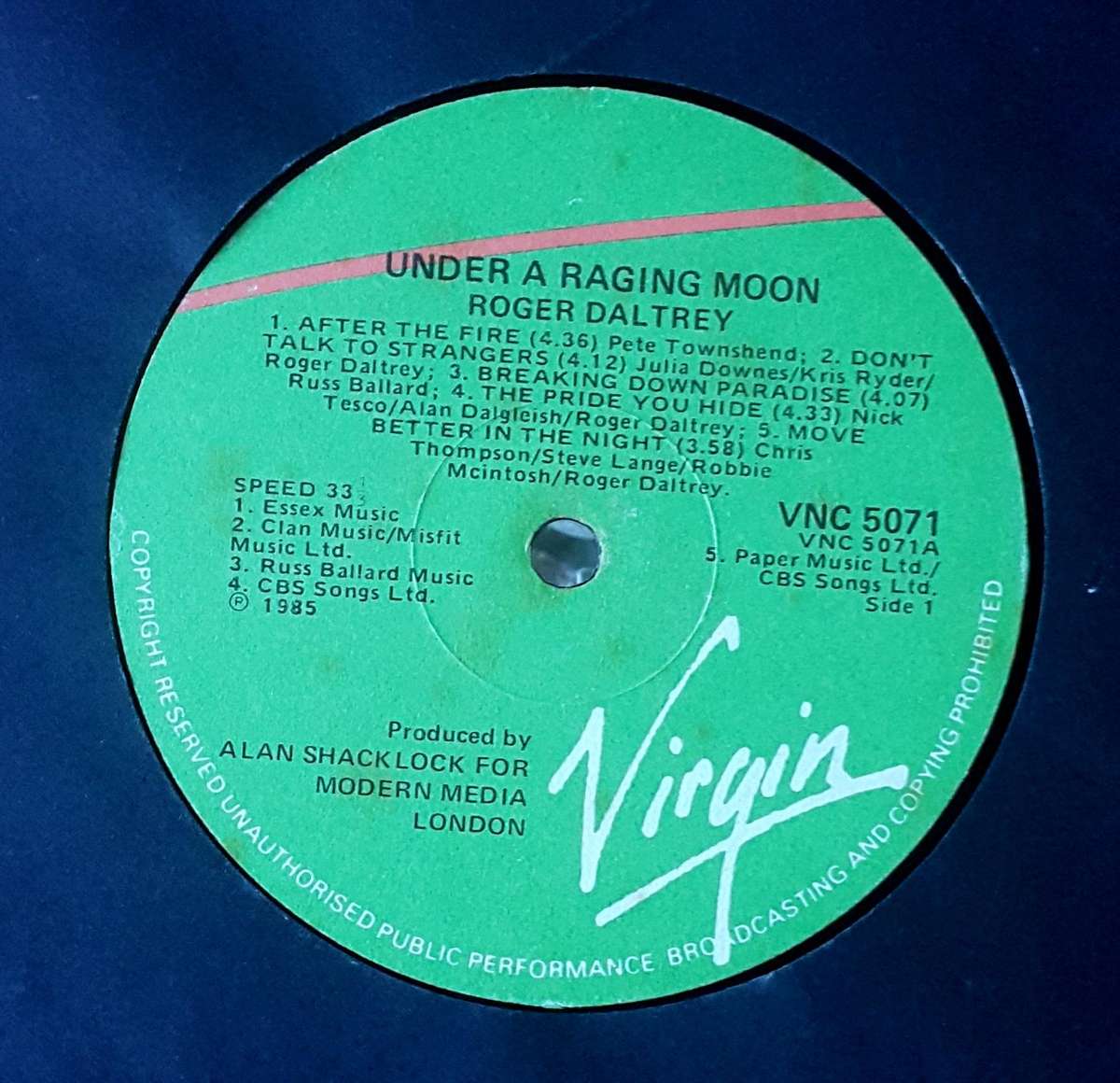 ROGER DALTREY  - UNDER A RAGING MOON Vinyl LP Album South Africa 1985