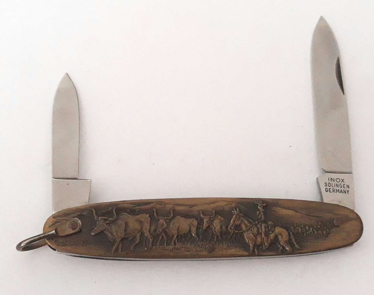 Vintage Solingen Germany Long Horn Cattle Ranch Pocket Knife With Sheath