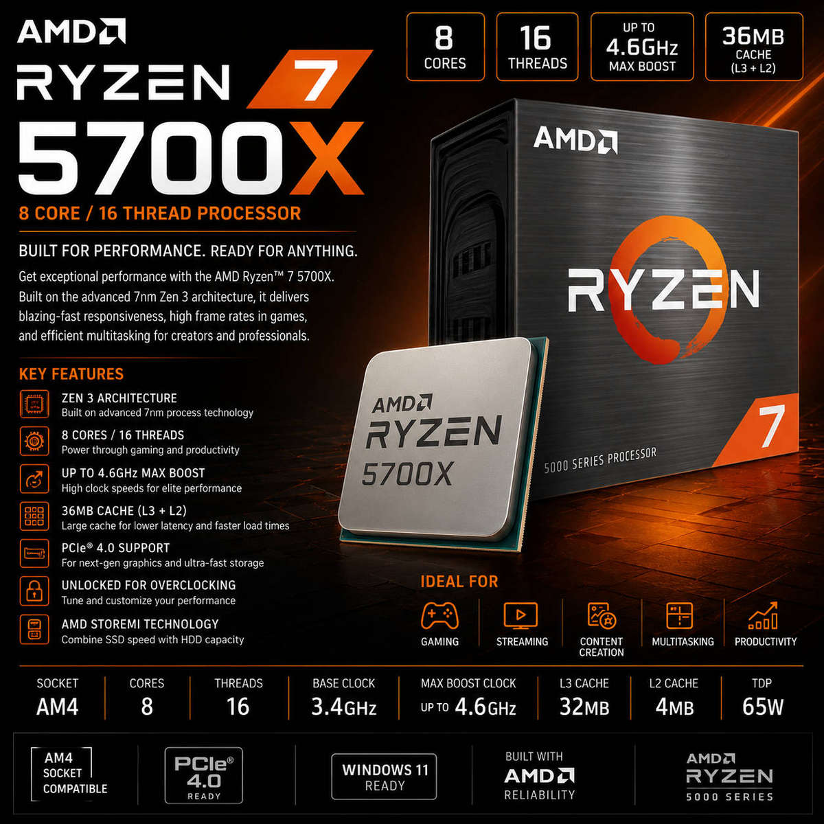 AMD Ryzen 7 5700X Processor  8 Core / 16 Thread (AM4)