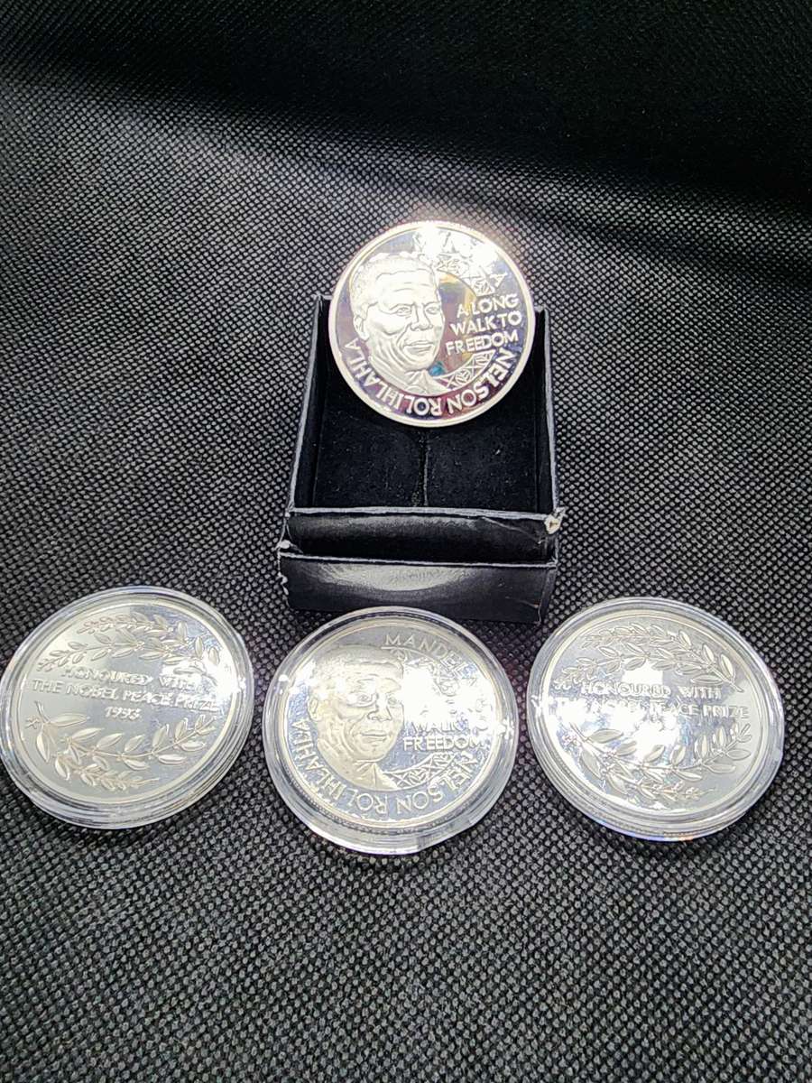 4 x Silver Plated Mandela Long Walk to Freedom Nobel Prize 1993 Coin. PRICE IS FOR ALL FOUR COINS.