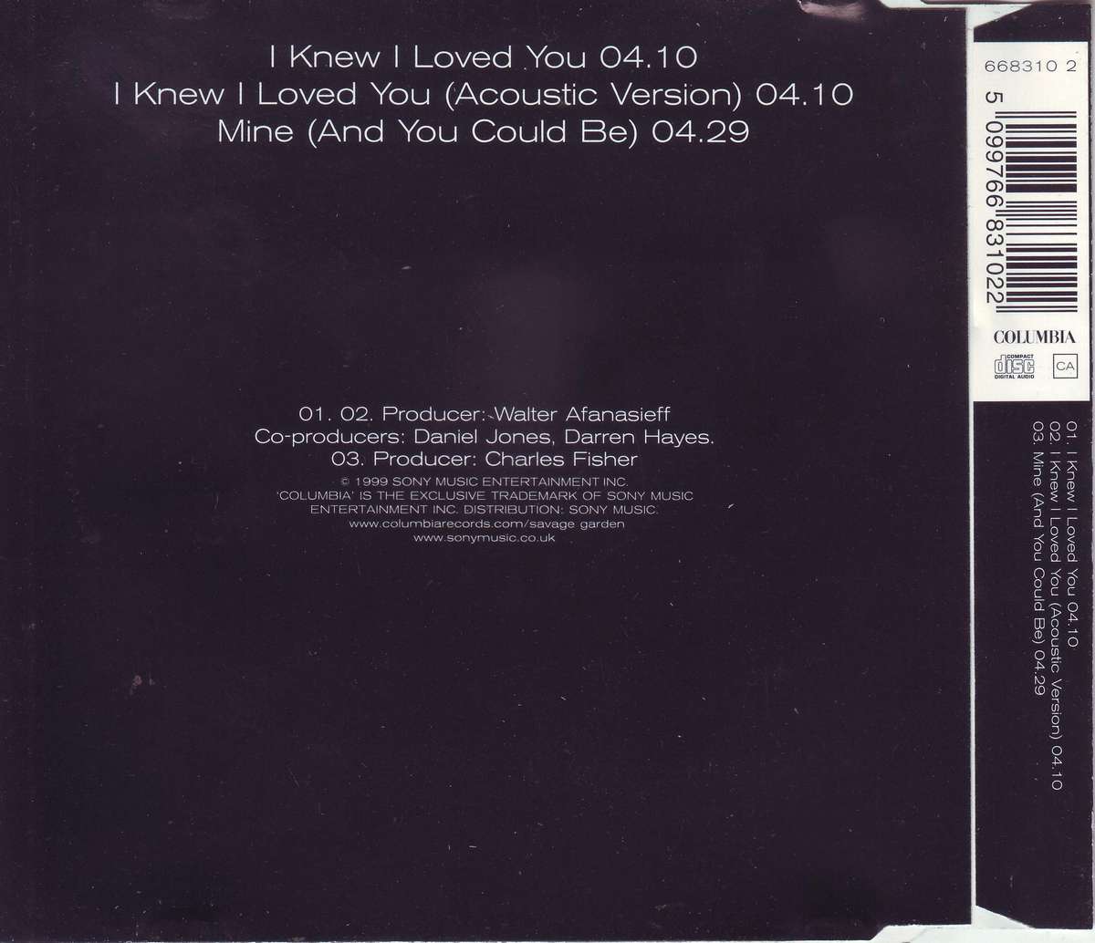 SAVAGE GARDEN - I Knew I Loved You (CD single) 668 310 2 VG