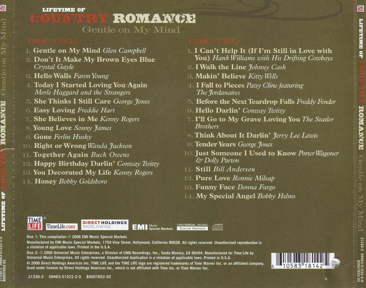 LIFETIME OF COUNTRY ROMANCE: GENTLE ON MY MIND - Compilation (2xCD) 09463-51222-2-0 / B0007652- EX